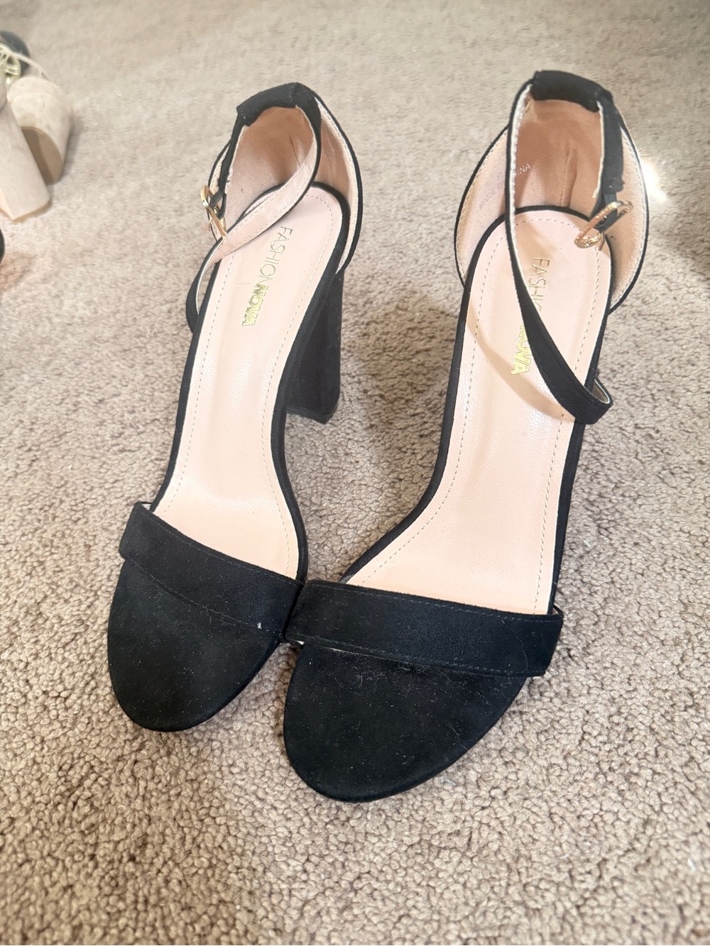 Fashion Nova Black Suede Open-Toe Block Heel Sandals